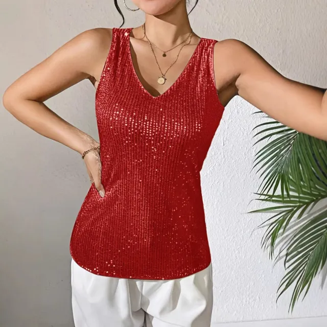 Sexy V neck Loose Sequined T shirt Outer Wear Inner Wear Women's Vest Red - Shop at LoveMi