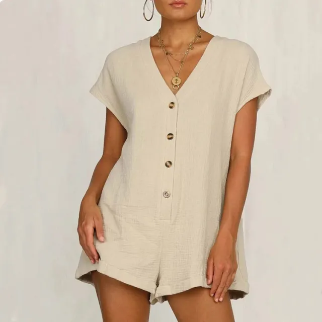 European And American Fashion Button V neck Loose Short Sleeve One piece Apricot - Shop at LoveMi