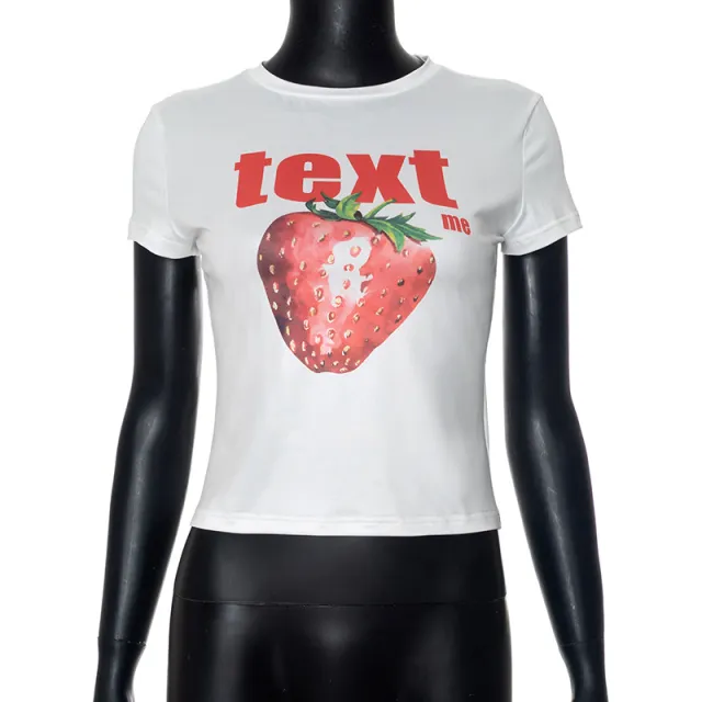 Cute Berry Letter Print Short sleeve O neck Short Top White - Shop at LoveMi