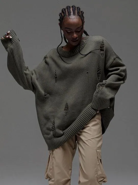 European And American Leisure Ripped Round Neck Sweater For Women Autumn And Winter - Gray