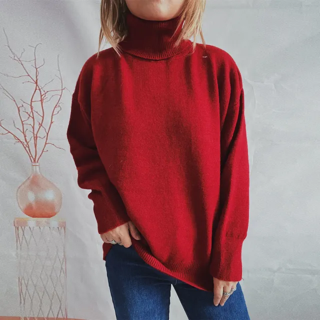 Top Solid Color Turtleneck Long Sleeve Sweaters Pullover Women Wine Red - Shop at LoveMi