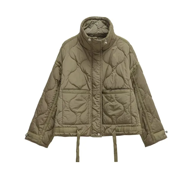 Women's Stand Collar Water Ripple Cotton Jacket Cuff Green - Shop at LoveMi