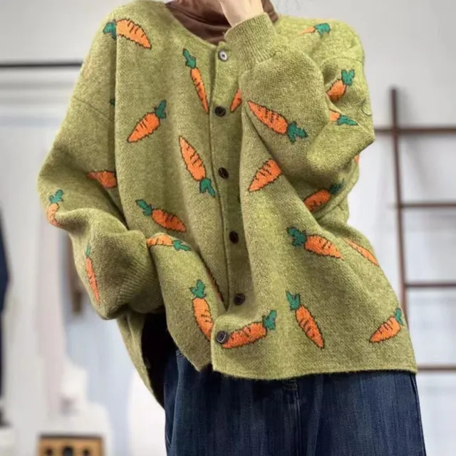 Round Neck Mori Artistic Printing Color Contrast Loose Casual Cardigan Sweater - Shop at LoveMi