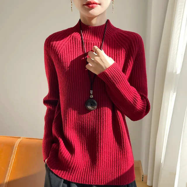 Thickened Bedford Cord Sweater Women's Autumn And Winter Half high Collar Casual Loose Knitted Top Red - Shop at LoveMi