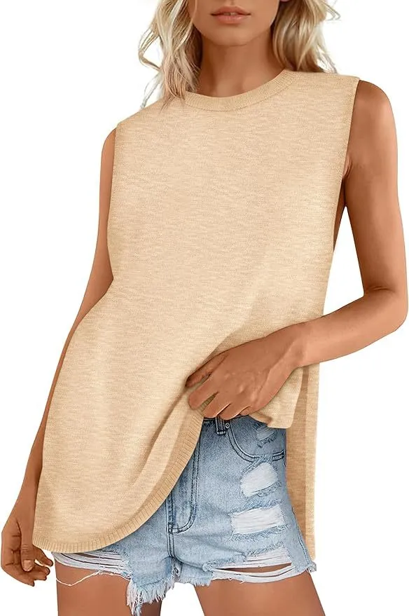 European And American Style Women Summer Vest Round Neck Sweater Casual Sleeveless Knitted Fashion Apricot - Shop at LoveMi