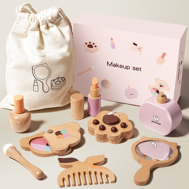 Children's Wooden Princess Makeup Bag Set With Imitation Cosmetics