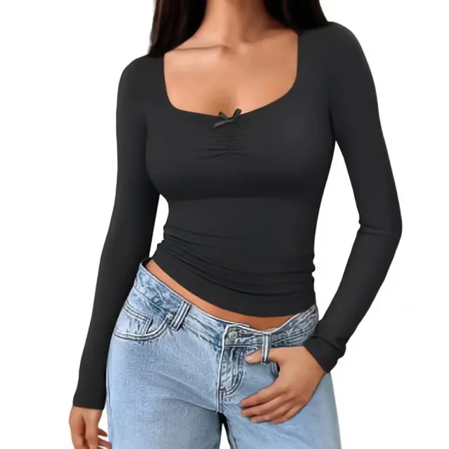 Women's Minimalist Pure Desire Style U neck T shirt Autumn And Winter Tight fitting Figure flattering Base Top Black - Shop at LoveMi
