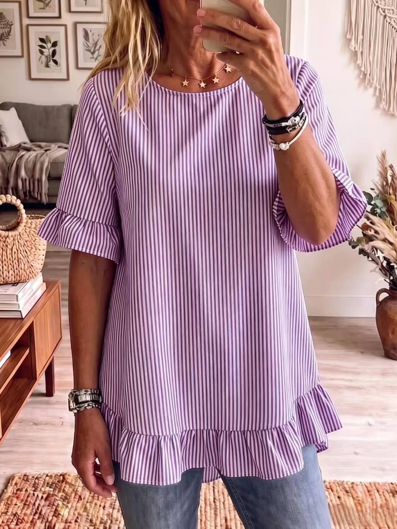 Women's striped blouse in black – ruffle sleeve loose-fit three-quarter sleeve casual top