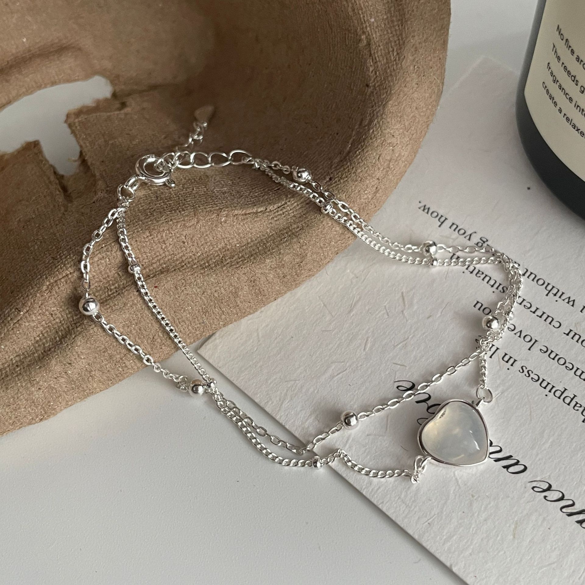Double-layered White Chalcedony Heart Bracelet