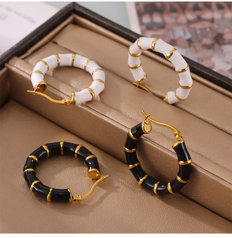Oil Dripping Metal Stitching Titanium Steel 18K Gold Plating Ear Ring Bamboo Color Retaining Earrings