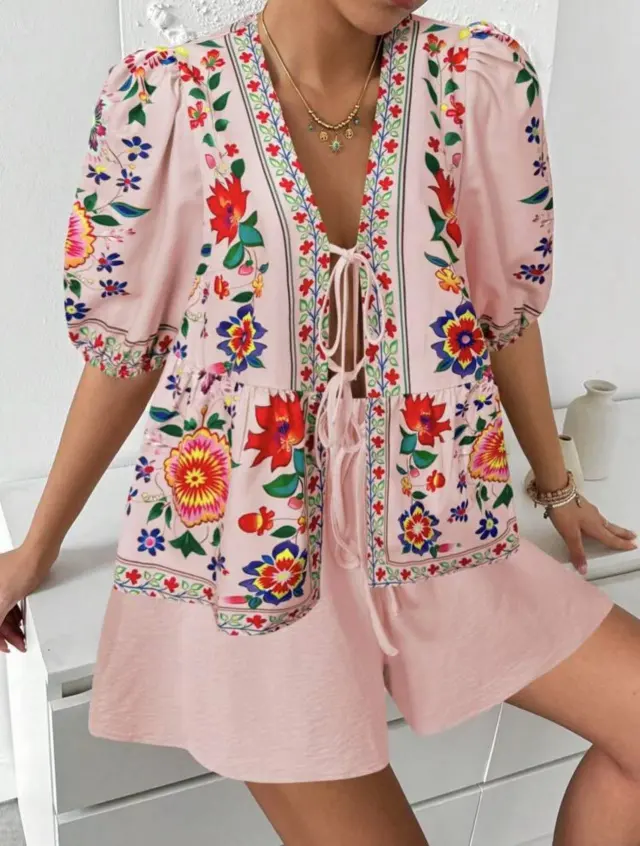 Women's Floral print Cardigan With Tie front Short sleeve Top And Shorts Set Pink - Shop at LoveMi