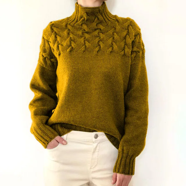 Fashion Cable Braided Detail Turtleneck Long Sleeve Sweater Women Yellow - Shop at LoveMi