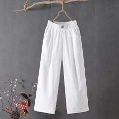 All-match High Waist Plus Size Loose Middle-aged And Elderly Cropped Wide-leg Pants - White - View 1