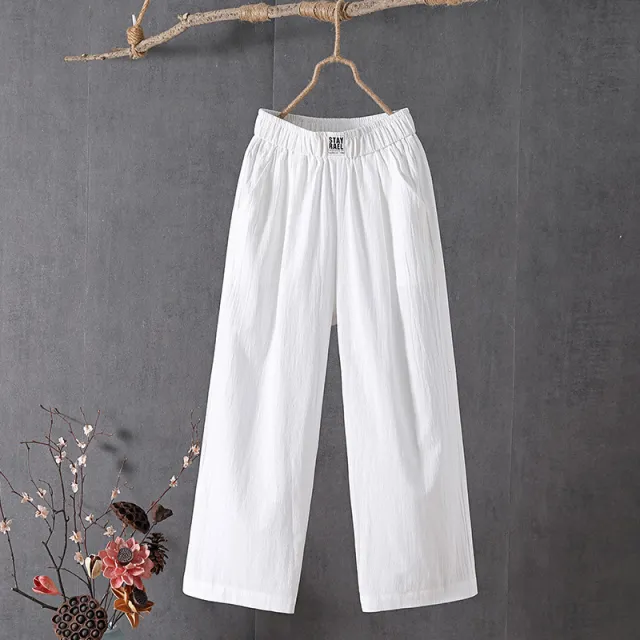 All match High Waist Plus Size Loose Middle aged And Elderly Cropped Wide leg Pants White - Shop at LoveMi