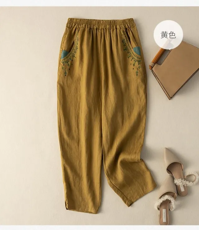 Cotton And Linen Embroidery Baggy Pants Pocket Loose All matching Khaki - Shop at LoveMi