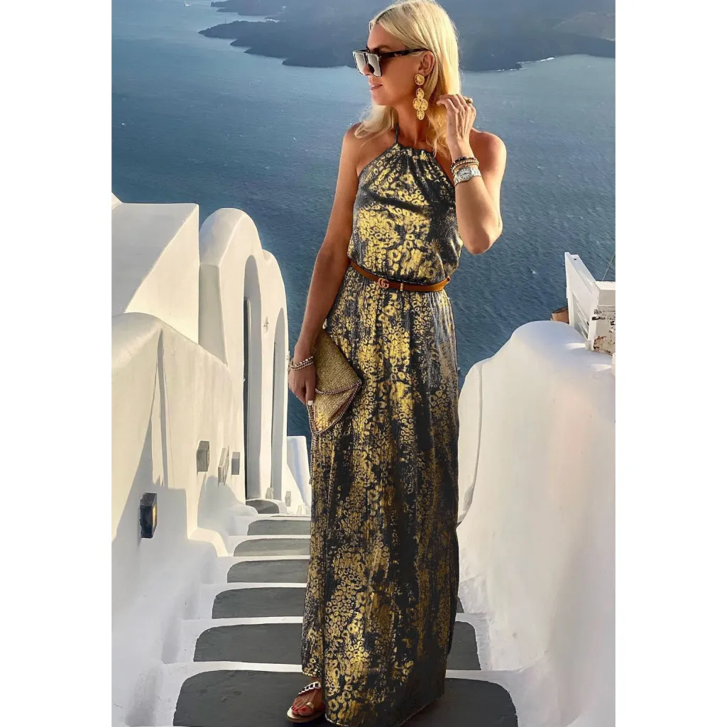 Spring And Summer Sexy Halter Off-the-shoulder Leisure Vacation Bronzing Dress - Black
