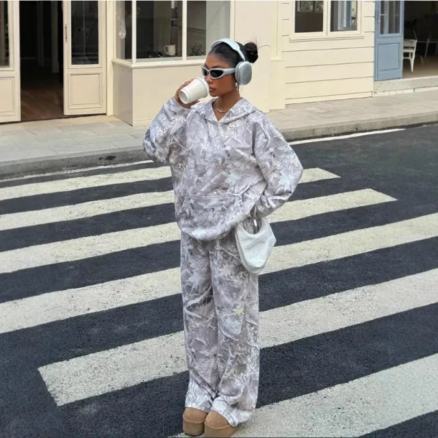 Street Fashion Camouflage Loose Casual Top With Straight leg Pants White - Shop at LoveMi