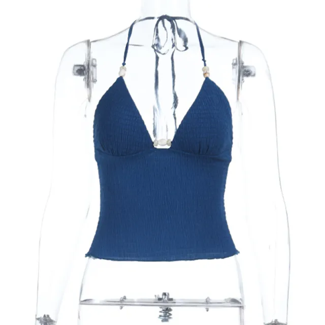 European And American Vacation Style Short Top Dark Blue - Shop at LoveMi
