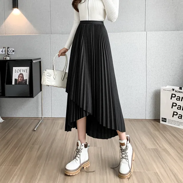 Retro Style Irregular Pleated Skirt Women's High Waist Slimming Black - Shop at LoveMi