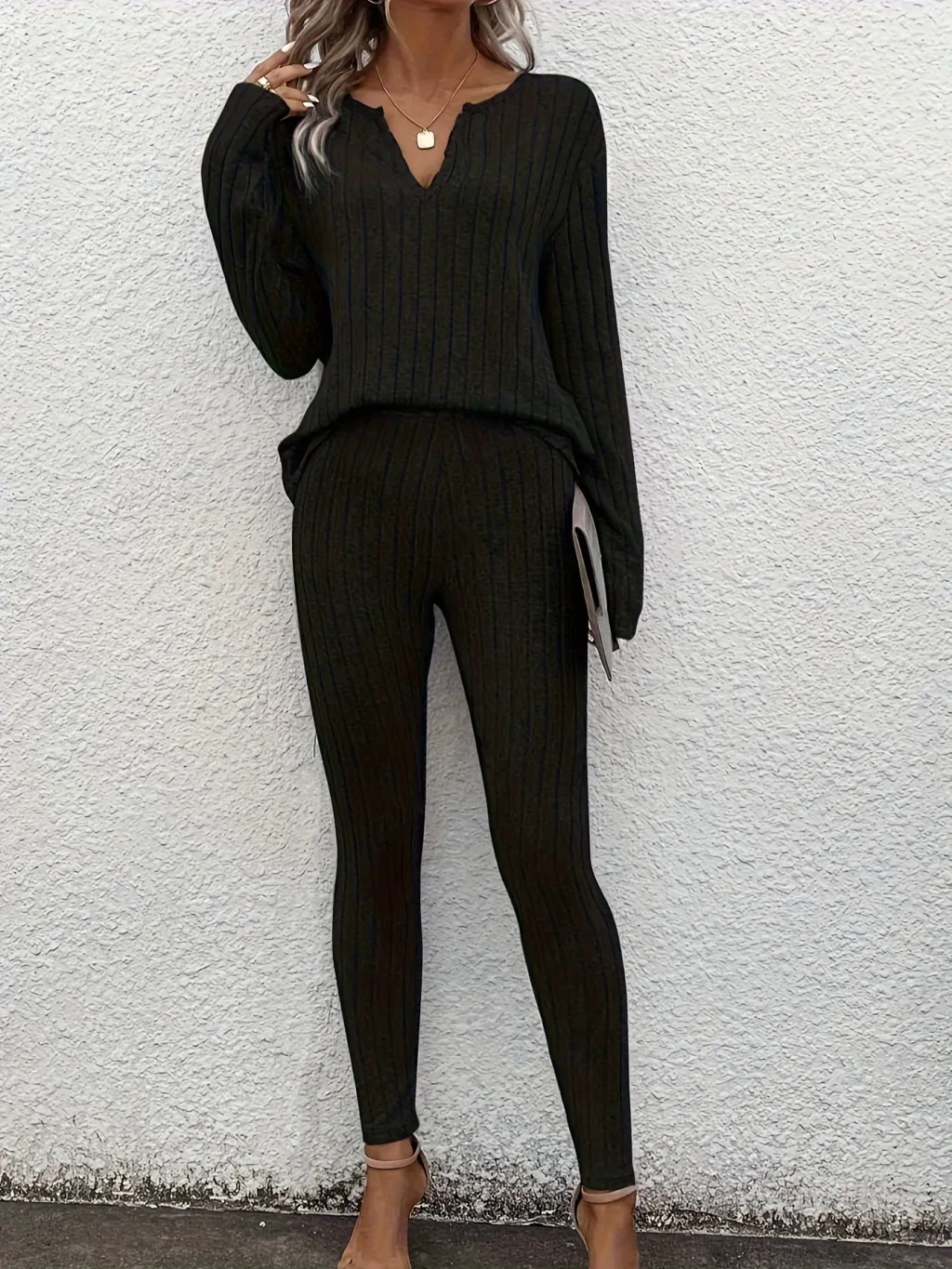 Autumn And Winter New Solid Color Casual Slim Home And Outdoor Suit - Black