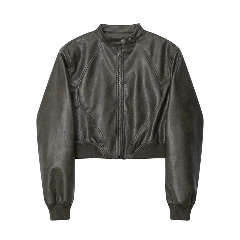 HeyHenry American Fashion Stand Collar Long Sleeve Short PU Leather Short Jacket - Brown