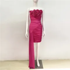 Fashion Flower Party Pleated Mesh Stitching Bandage One-piece Dress - Rose Red - View 1