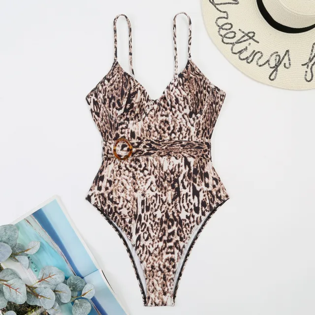 One Piece Swimsuit Conservative Leopard Belt Leopard - Shop at LoveMi