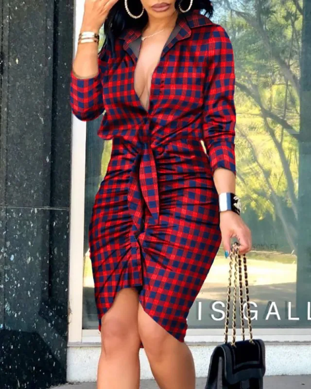 Women's Lace up Solid Color Long sleeved Shirt Dress Plaid - Shop at LoveMi