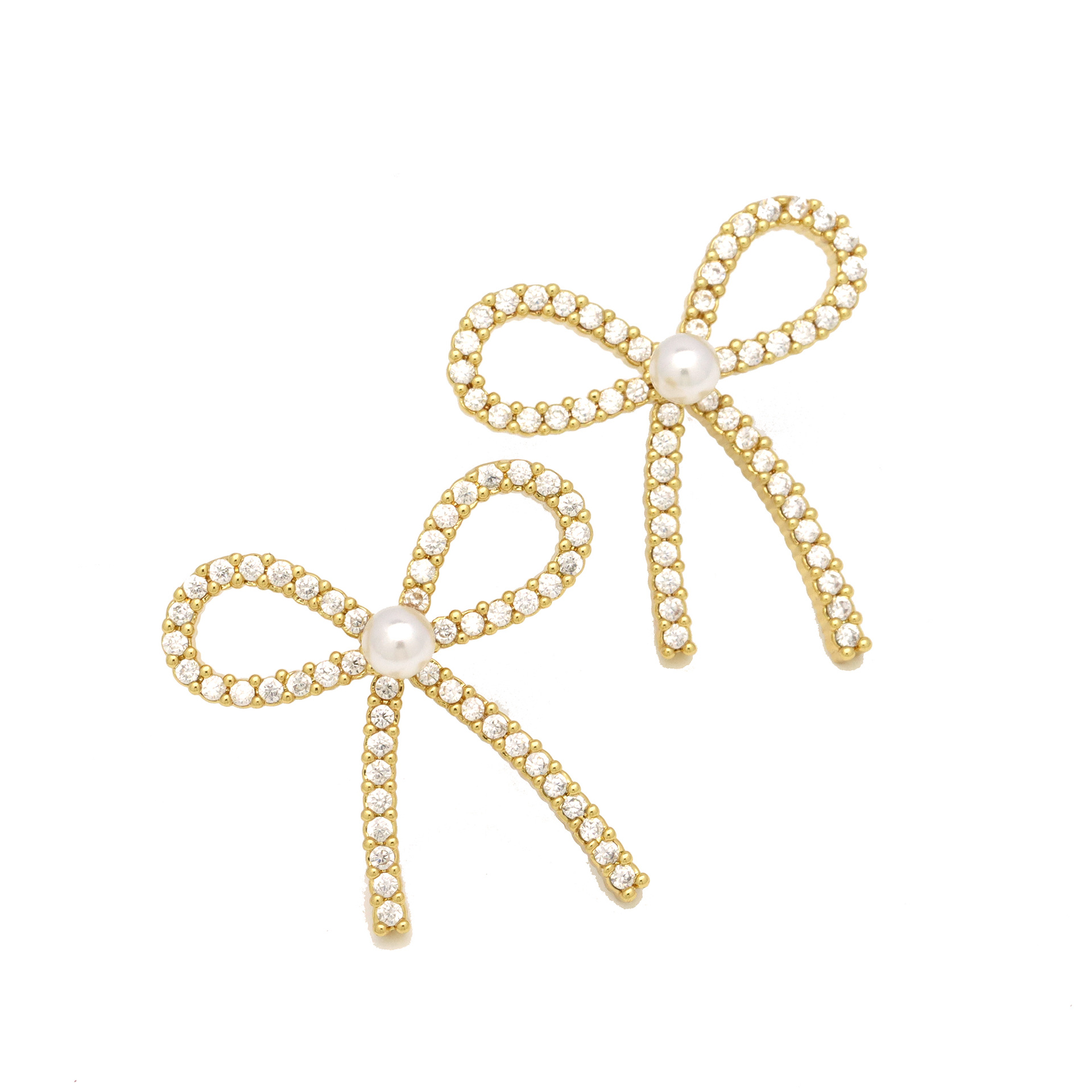 Women's Copper Plating 18K Full Zircon Pearl Bow Earrings