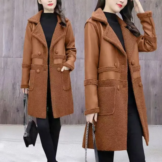 Women's Lambswool Haining Leather Coat New Teddy Plush Brown - Shop at LoveMi