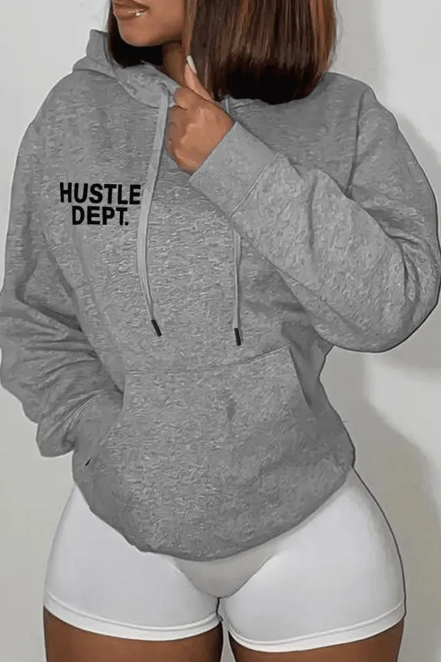 Autumn And Winter Chest Printing Hooded Casual Loose Sweater Gray - Shop at LoveMi