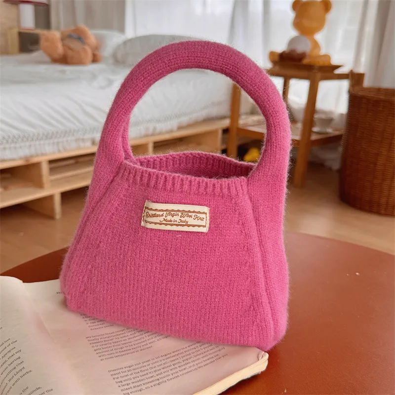 Fashion Solid Color Woolen Yarn Bag Portable Small Carrying Bag Women - Rose