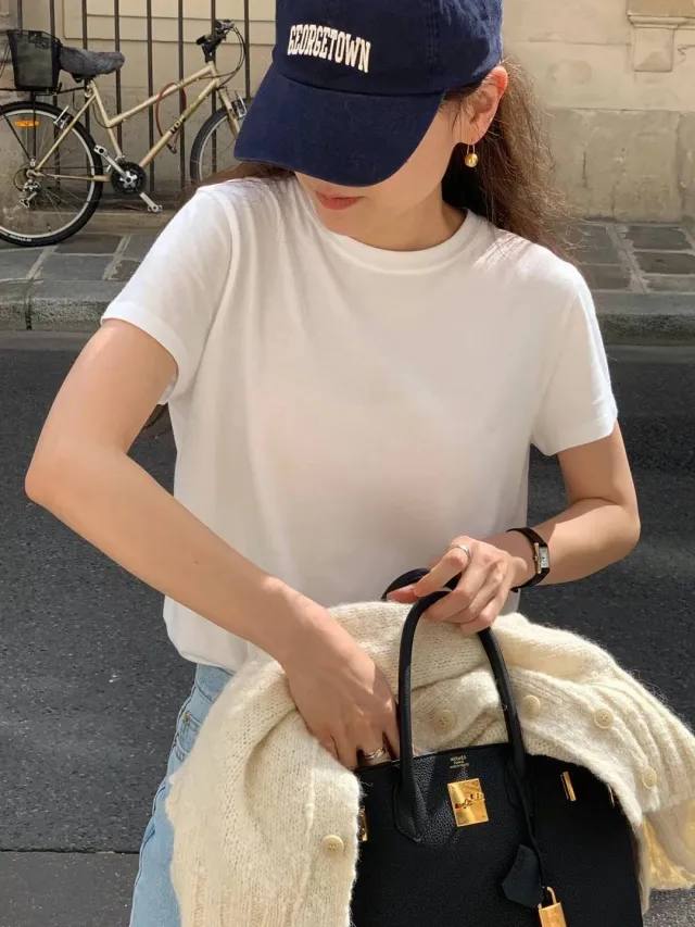 Women's Fashionable Solid Color Base Round Neck Short Sleeve Top T shirt White - Shop at LoveMi