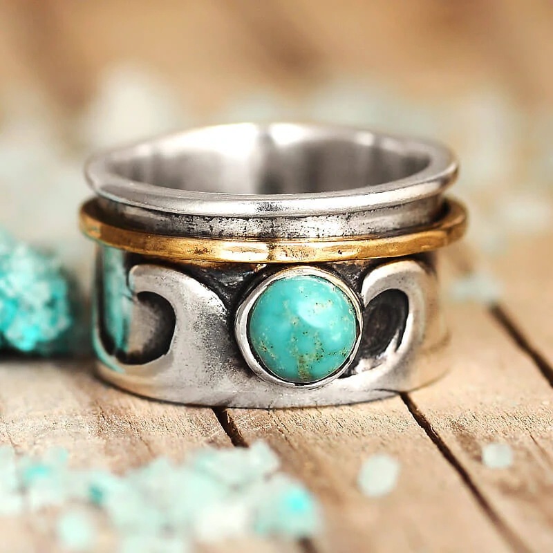 Wish New Accessories European And American Simple Retro Turquoise Pattern Two-color Women's Rotatable Ring Ring