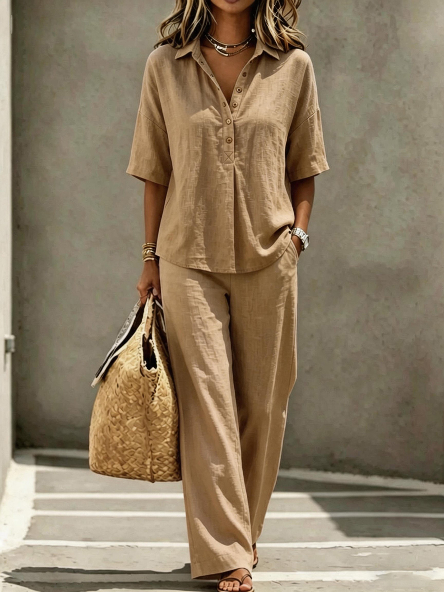 Women's polo neck two-piece set in khaki – lifestyle styling