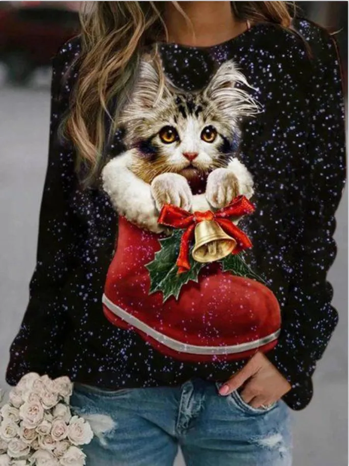 Autumn And Winter New 3D Printing Women's Loose-fitting Casual Round-neck Sweater - Mc034Nw-2Xl