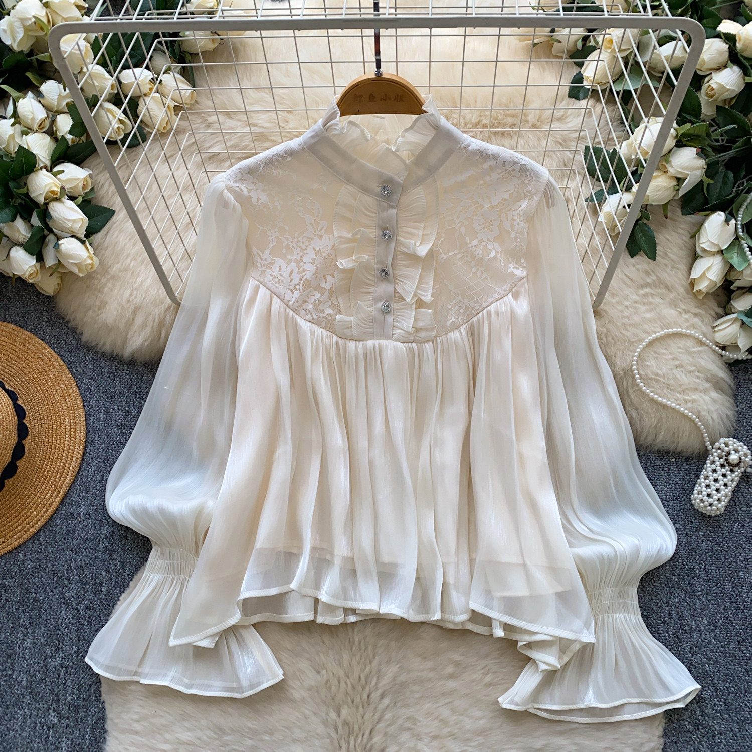 Women's Loose-fit Lace Blouse in Apricot