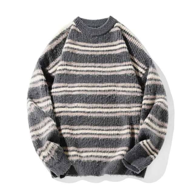 Japanese style Retro Contrast Color Striped Round Neck Sweater Men's Autumn And Winter Dark Gray Pieces - Shop at LoveMi