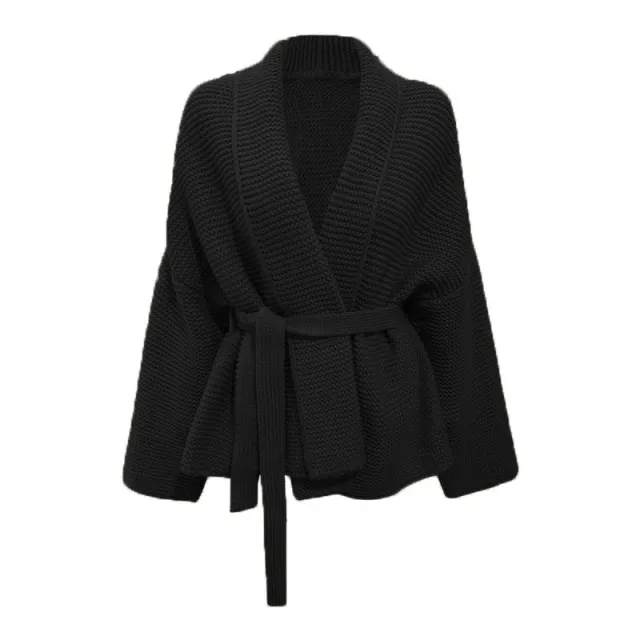 Women's Fashion Lace up Casual All matching Lapel Sweater Coat Black - Shop at LoveMi