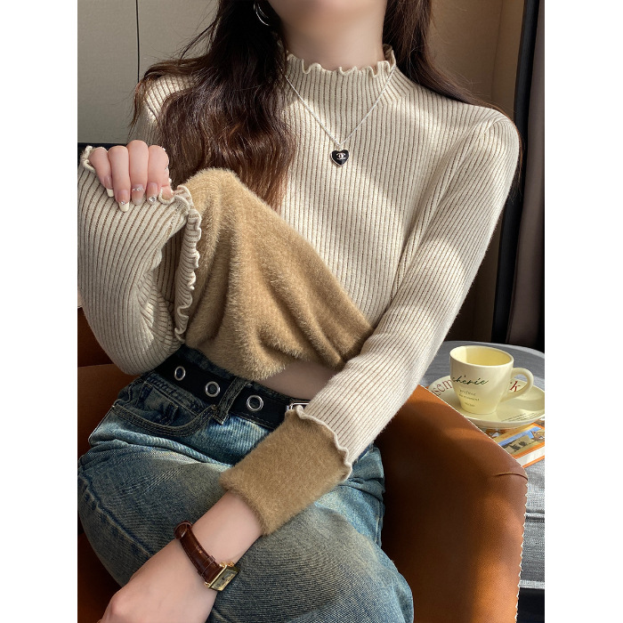 Women's Autumn And Winter Fleece lined Mock Neck Sweater Knitwear Top Oatmeal Color - Shop at LoveMi