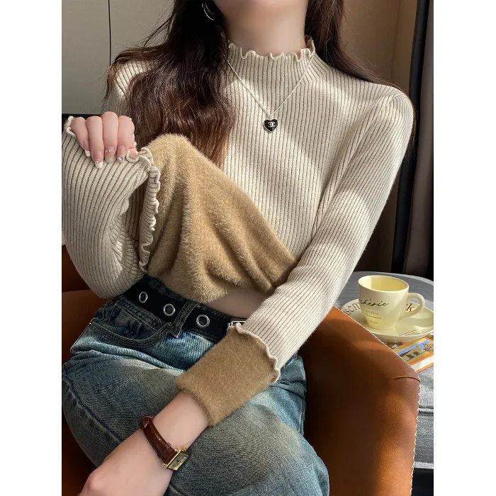 Women's Autumn And Winter Fleece-lined Mock Neck Sweater Knitwear Top - Oatmeal Color