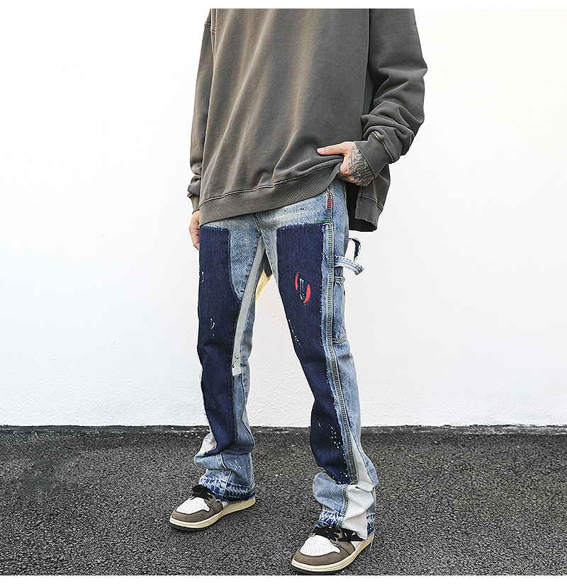High Street Wind Heavy Industry Washed And Worn Splash Ink Color Matching Deconstruction Bell-bottom Pants
