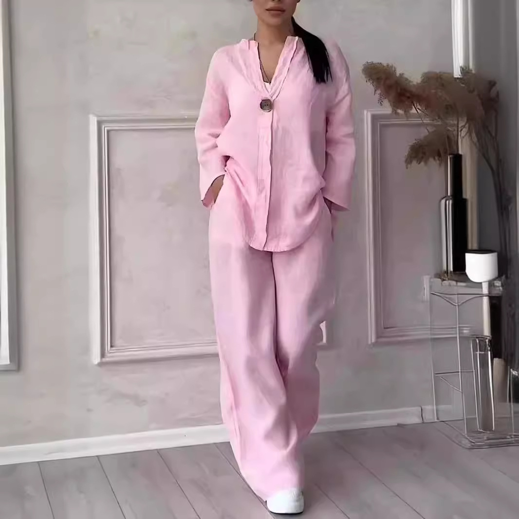 Relaxed-fit Top And Wide-leg Pants Casual Cotton-linen Set
