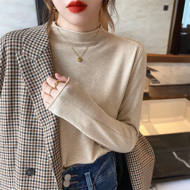Spring And Autumn New Thin Mock Neck Sweater Women Oatmeal Color - Shop at LoveMi