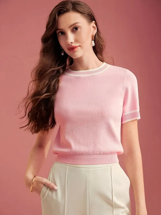 Women's Fashion High end Casual Color block Knitwear Pink - Shop at LoveMi