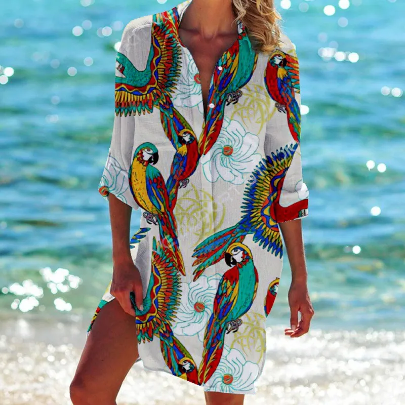 Women's Bird-and-flower Painting Printed Bikini Shirt - Nt20Ksx1633-4Xl