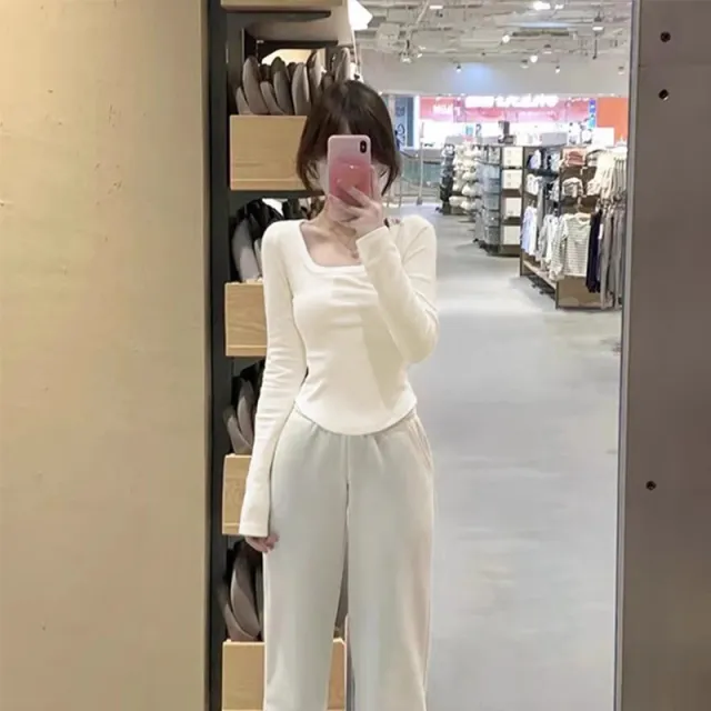 Dralon Long sleeved T shirt Bottoming Shirt Women's U collar Apricot - Shop at LoveMi
