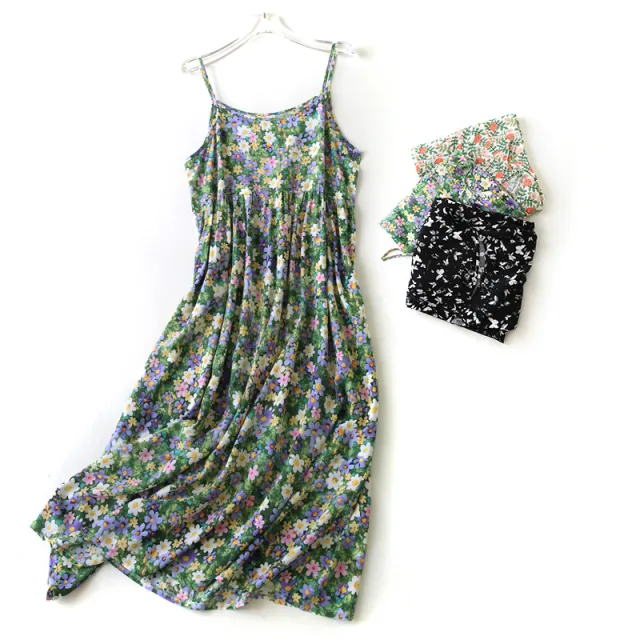 Long Floral Cotton Silk Waist Trimming Spaghetti Straps Dress Green Purple Floral - Shop at LoveMi