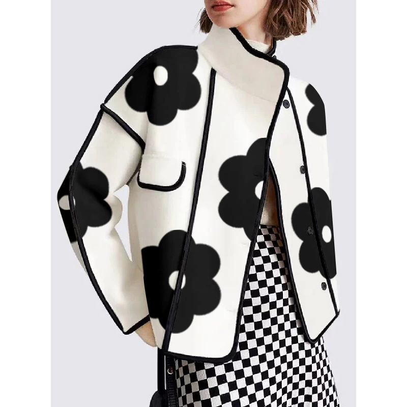 Long Sleeve Loose Contrast Color Flower Print Coat