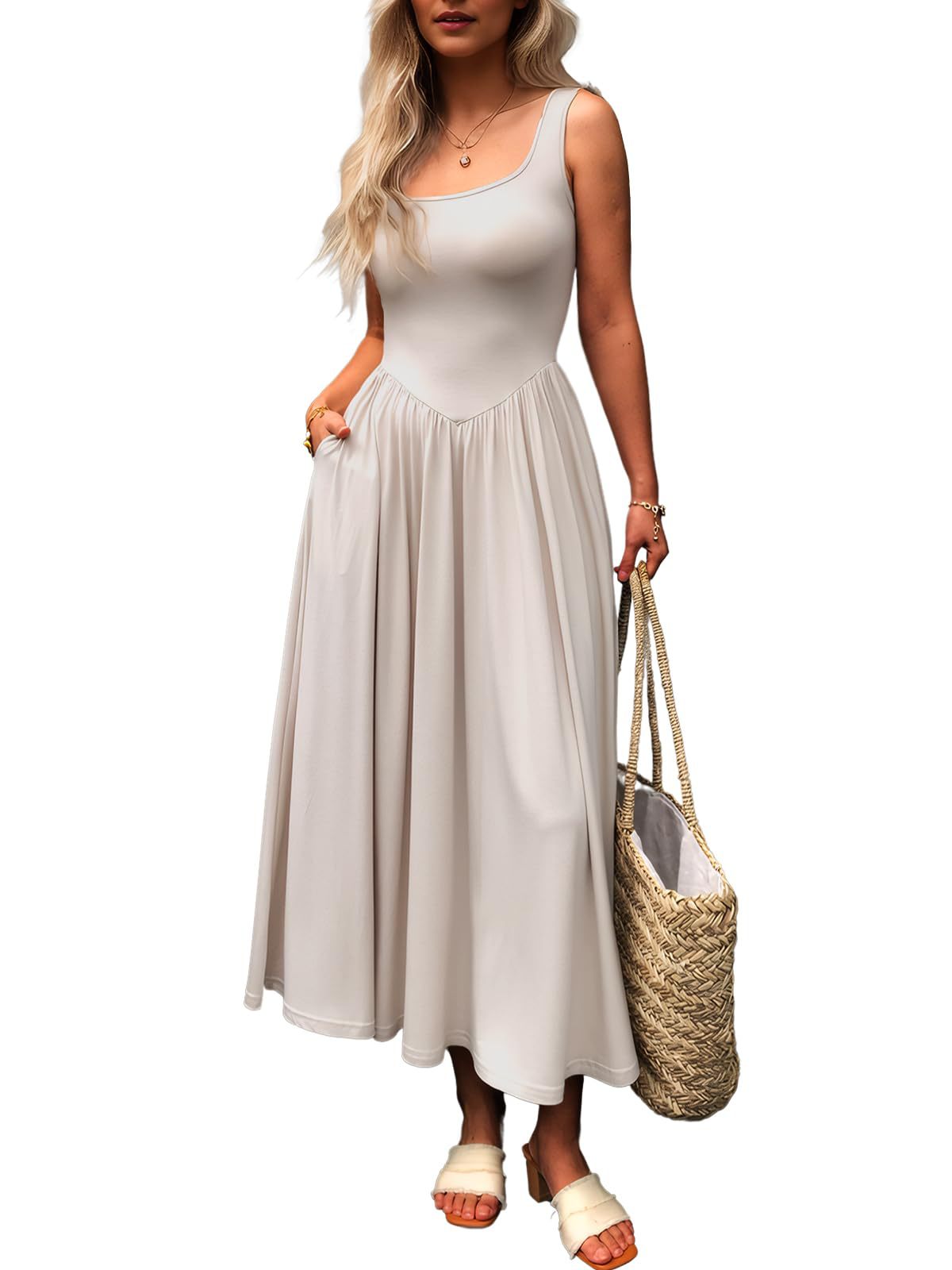 European And American New Graceful And Fashionable Sling Square Collar Pleated Dress Women